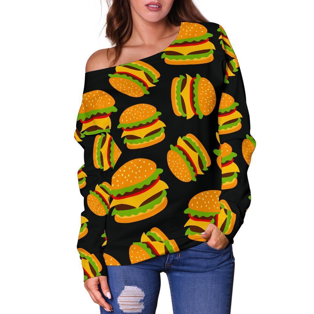 Hamburger Print Pattern Women Off Shoulder Sweatshirt-grizzshop