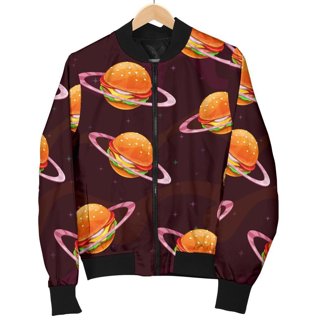 Hamburger Planet Pattern Print Women Casual Bomber Jacket-grizzshop