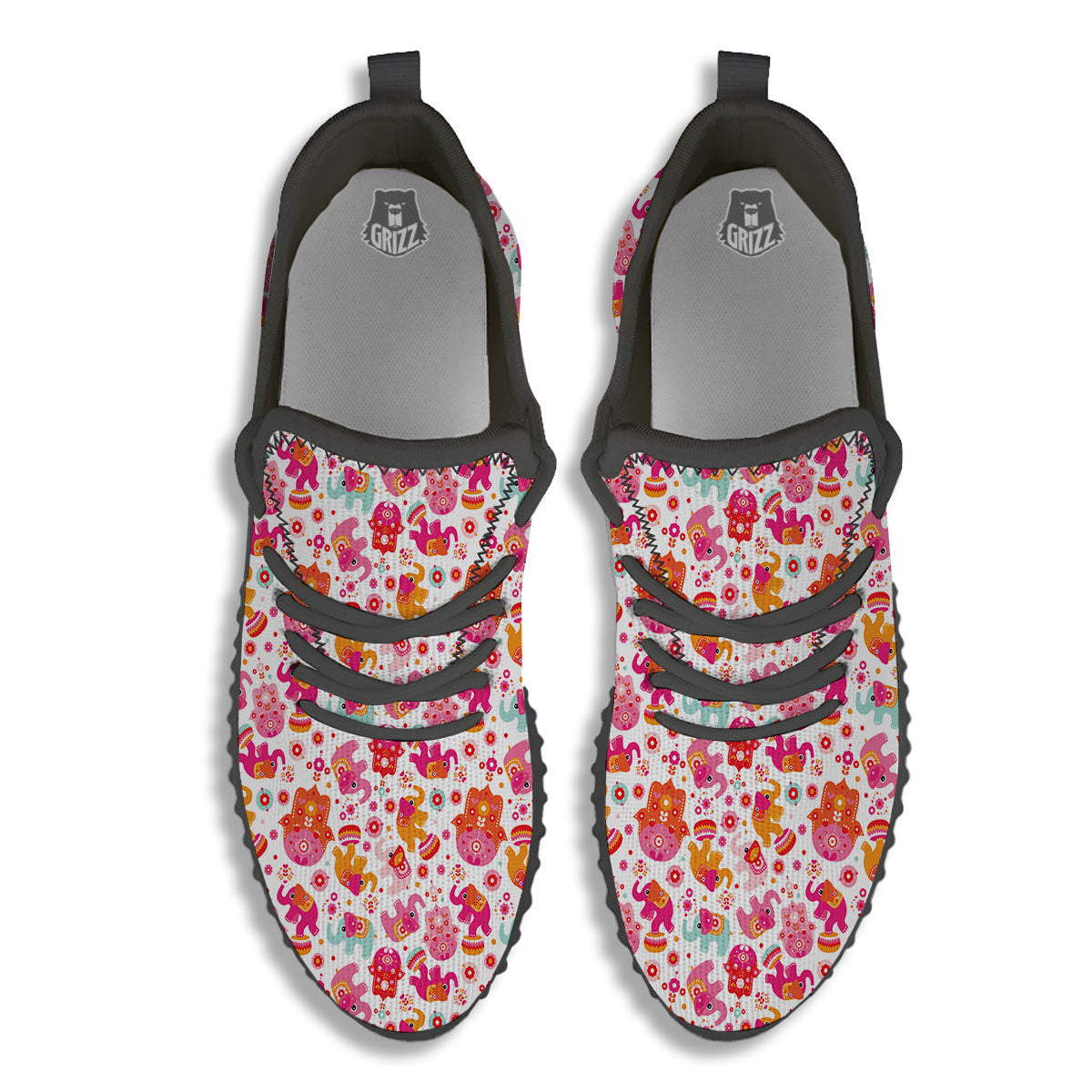 Hamsa And Girly Elephant Print Pattern Black Walking Shoes-grizzshop