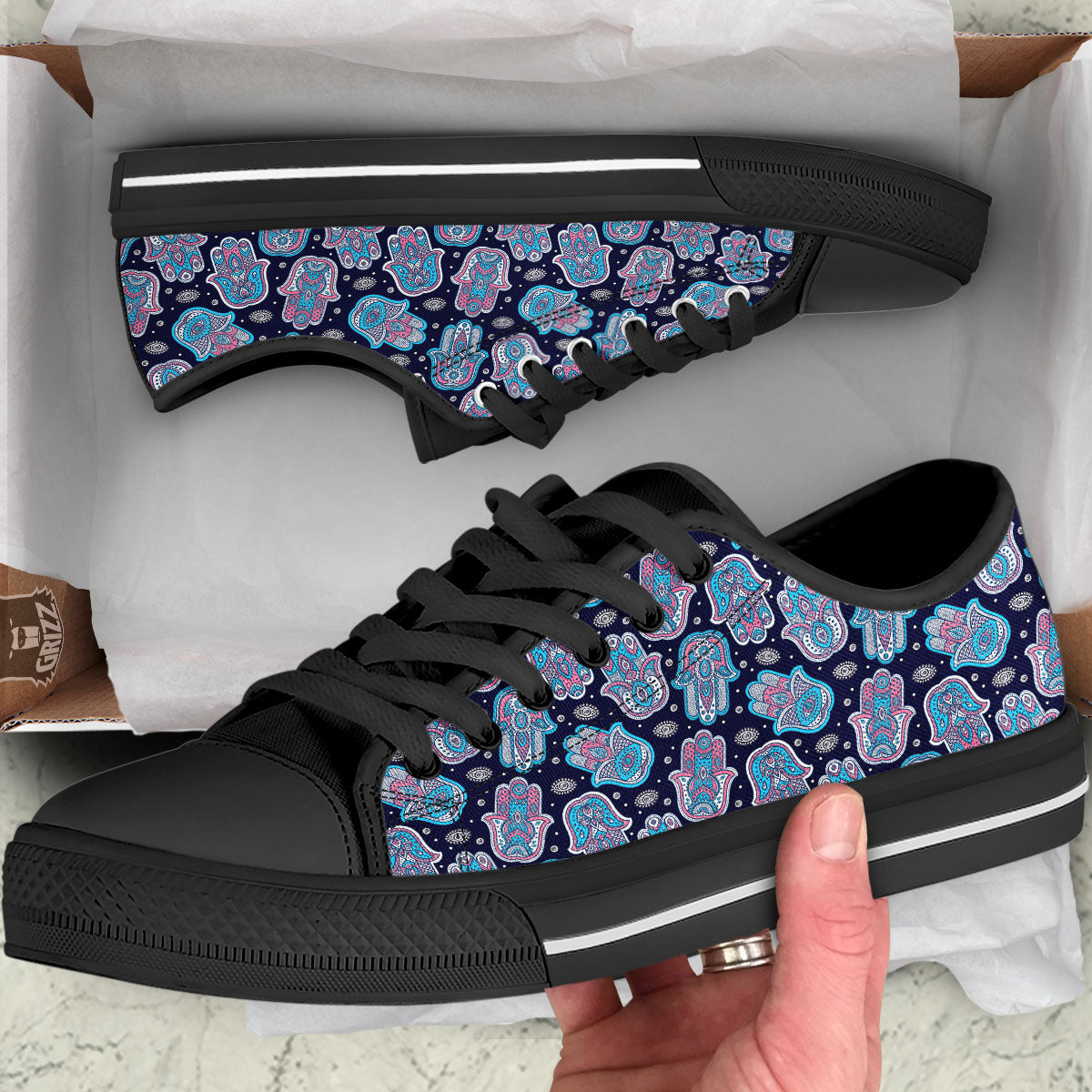Hamsa Boho Print Pattern Black Low Top Shoes-grizzshop