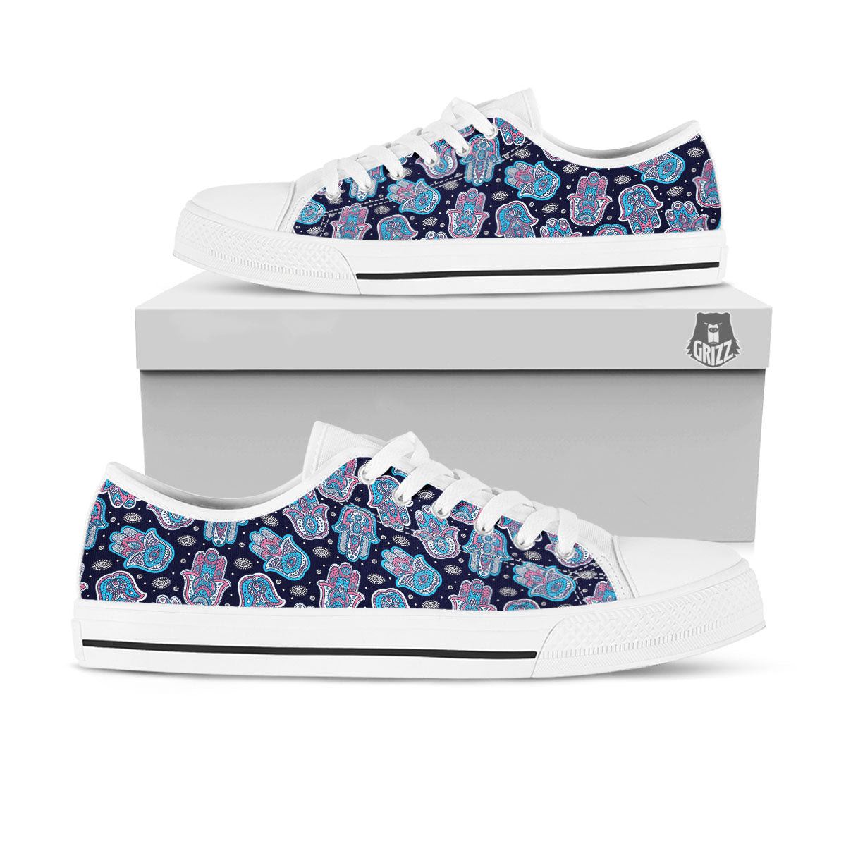 Hamsa Boho Print Pattern White Low Top Shoes-grizzshop