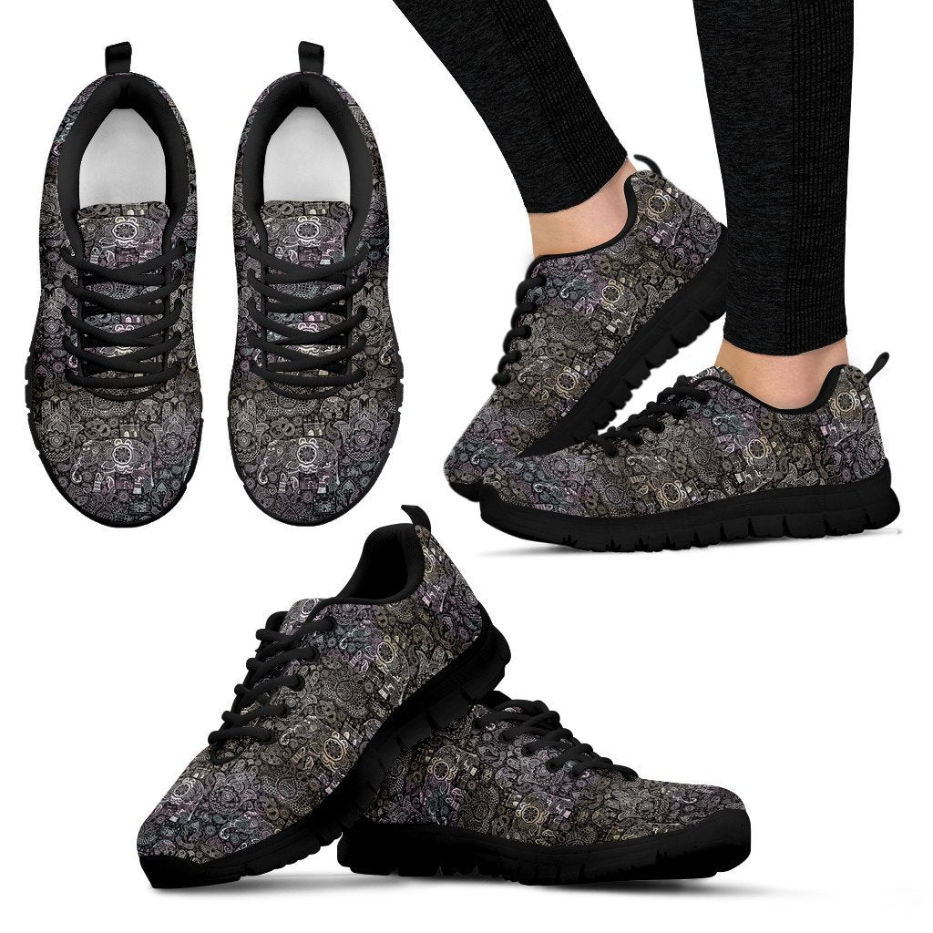 Hamsa Elephant Mandala Print Black Sneaker Shoes For Men Women-grizzshop