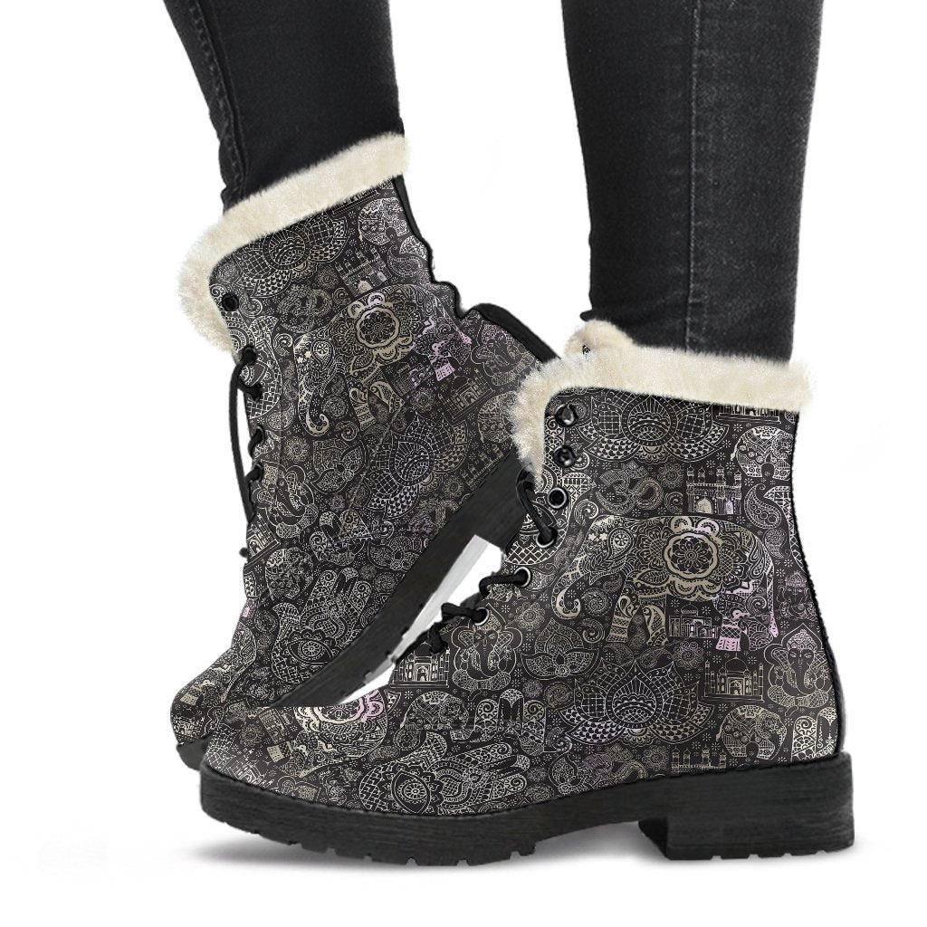 Hamsa Elephant Mandala Print Comfy Winter Boots-grizzshop