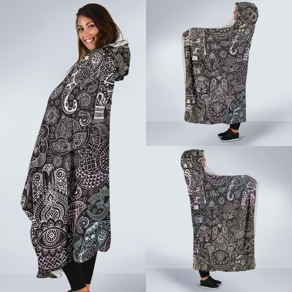 Hamsa Elephant Mandala Print Hooded Blanket-grizzshop