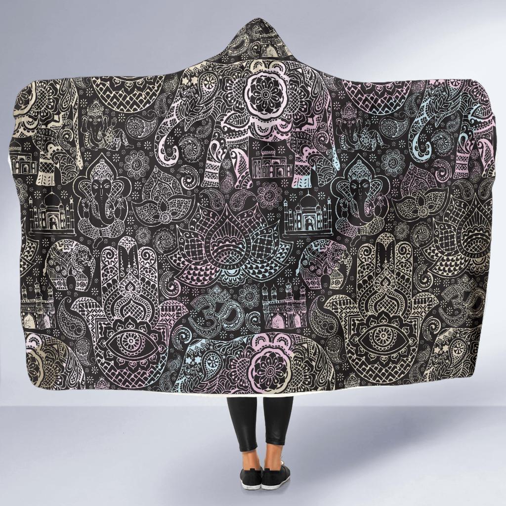 Hamsa Elephant Mandala Print Hooded Blanket-grizzshop