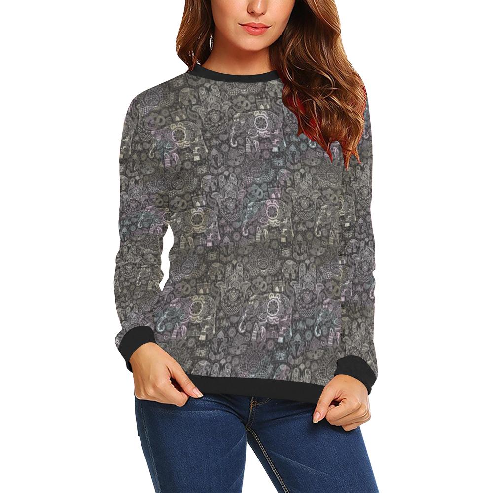 Hamsa Elephant Mandala Print Women Crewneck Sweatshirt-grizzshop