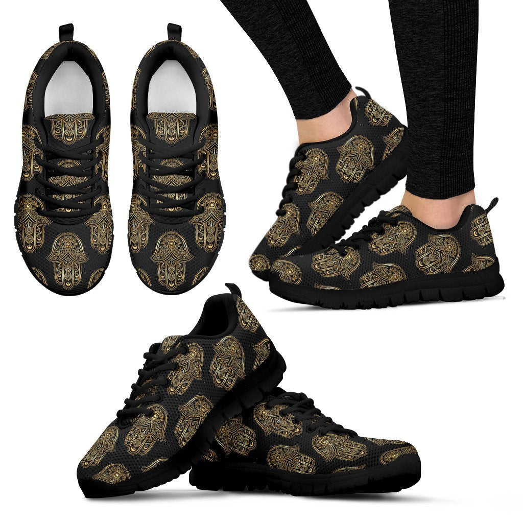 Hamsa Evil Eye Pattern Print Black Sneaker Shoes For Men Women-grizzshop