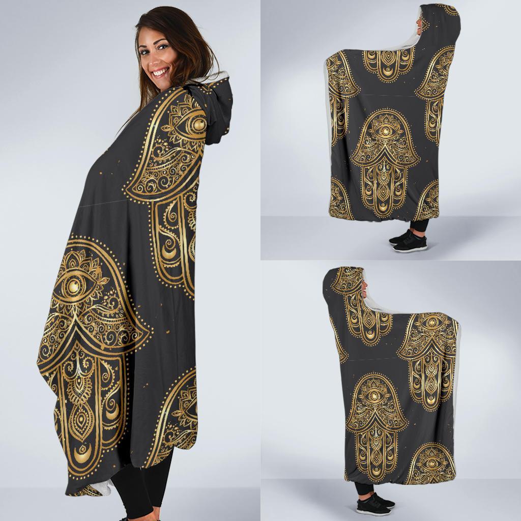 Hamsa Evil Eye Pattern Print Hooded Blanket-grizzshop