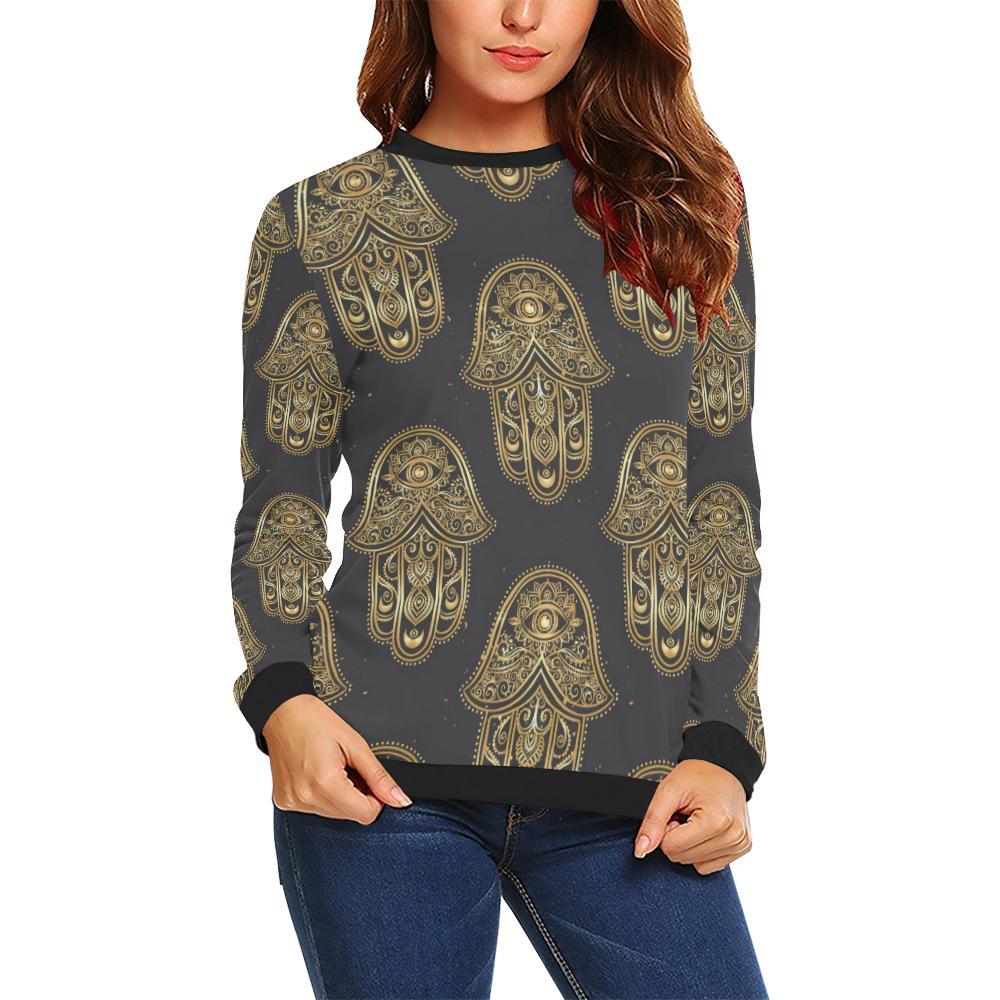 Hamsa Evil Eye Pattern Print Women Crewneck Sweatshirt-grizzshop