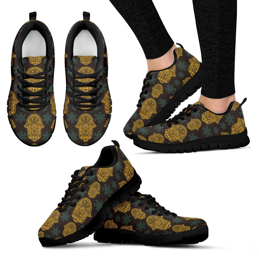 Hamsa Evil Eye Print Pattern Black Sneaker Shoes For Men Women-grizzshop