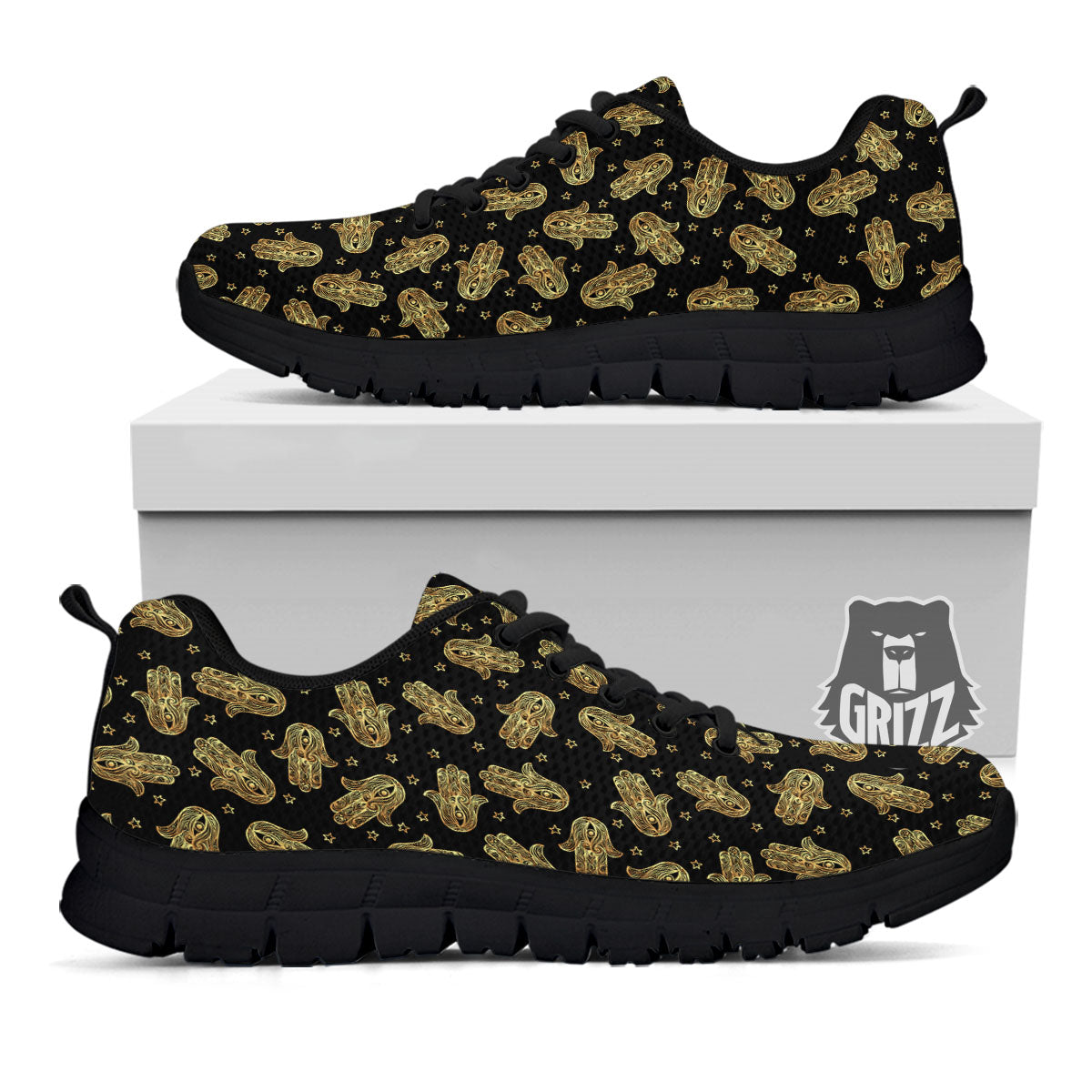 Hamsa Gold Print Pattern Black Sneaker-grizzshop