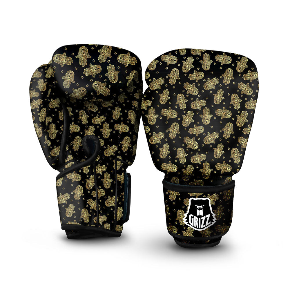 Hamsa Gold Print Pattern Boxing Gloves-grizzshop