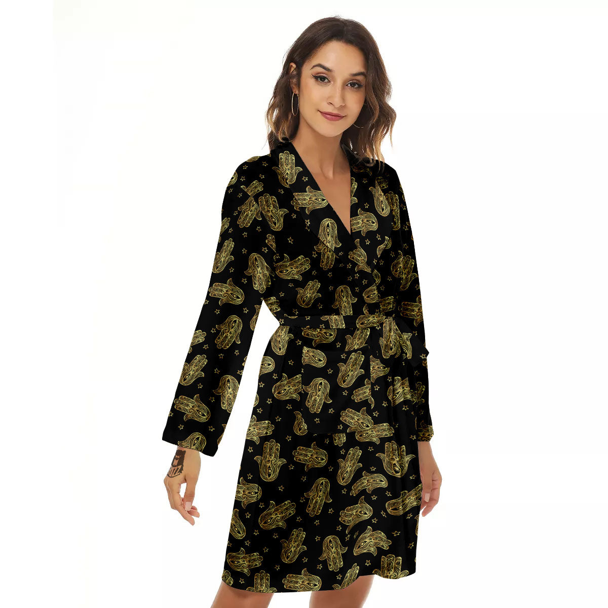 Hamsa Gold Print Pattern Women's Robe-grizzshop