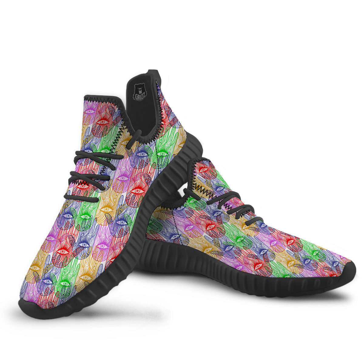 Hamsa Hand Colorful Print Black Walking Shoes-grizzshop
