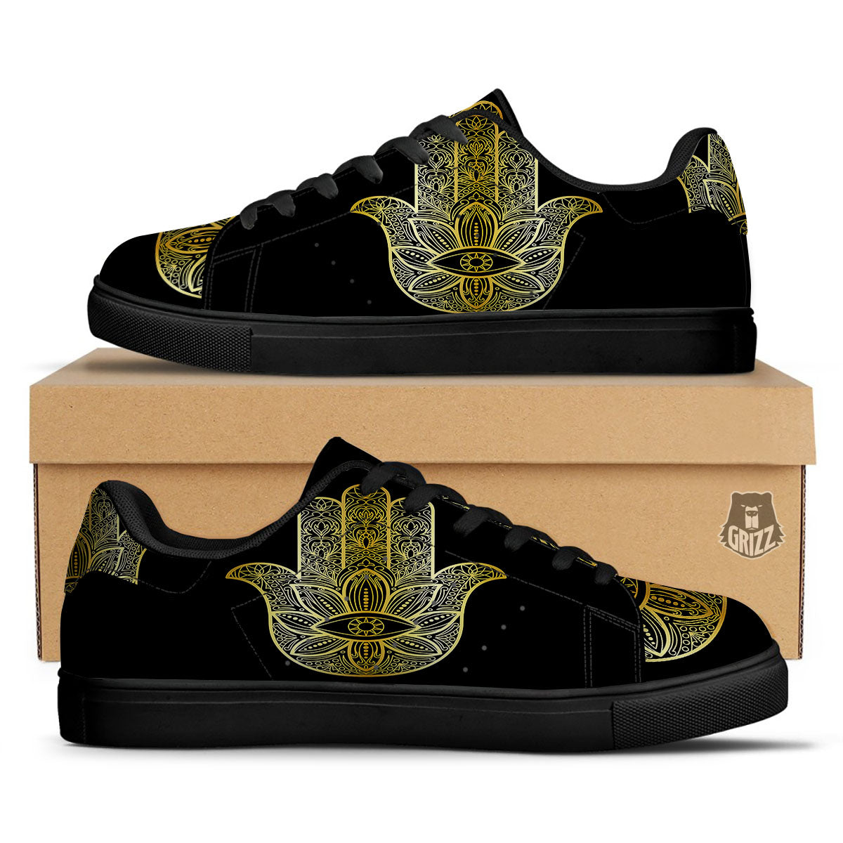 Hamsa Hand Gold Print Black Low Top Sneakers-grizzshop