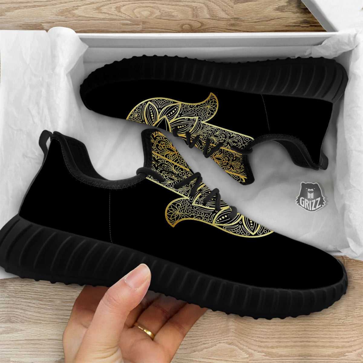 Hamsa Hand Gold Print Black Walking Shoes-grizzshop