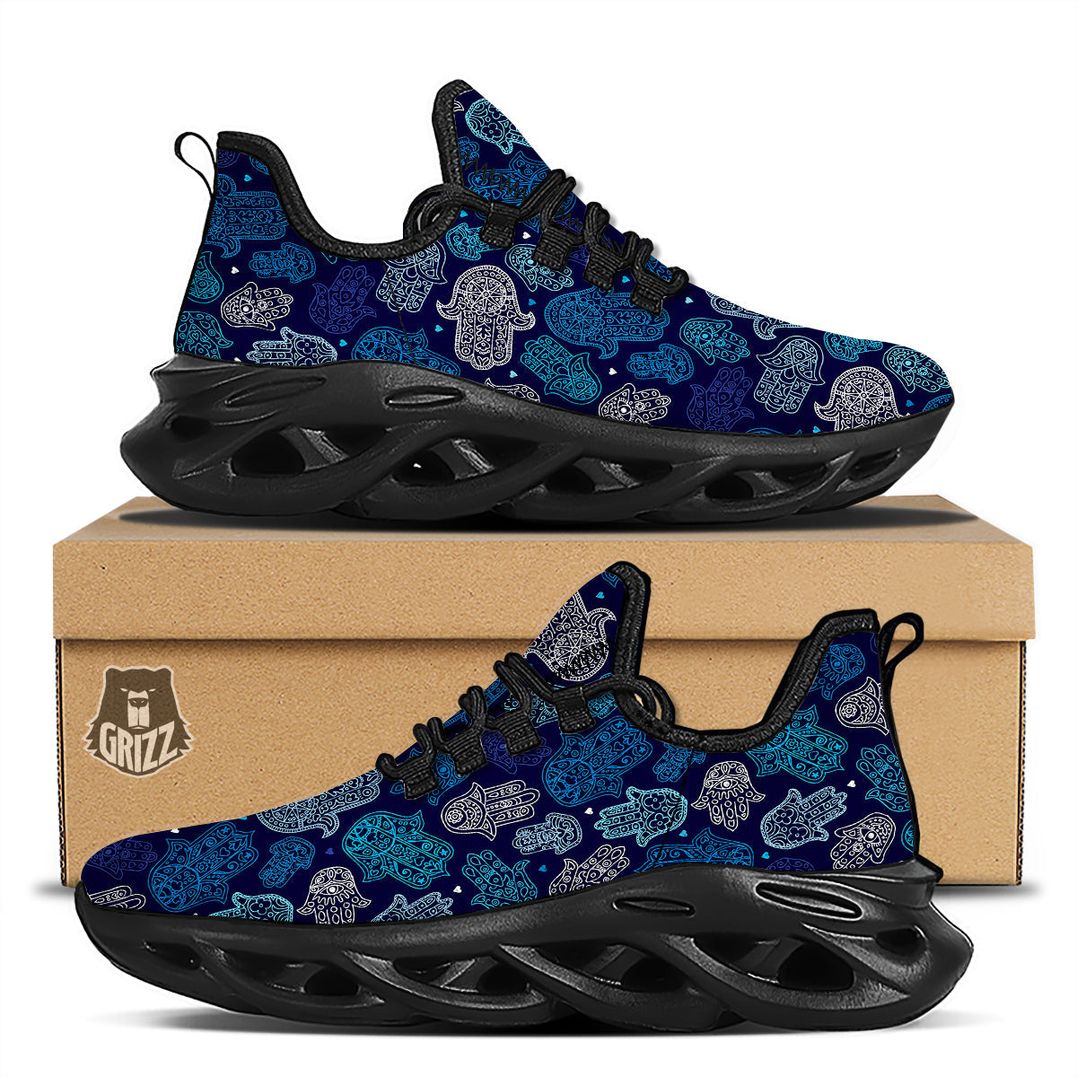 Hamsa Turquoise Print Pattern Black Running Shoes-grizzshop