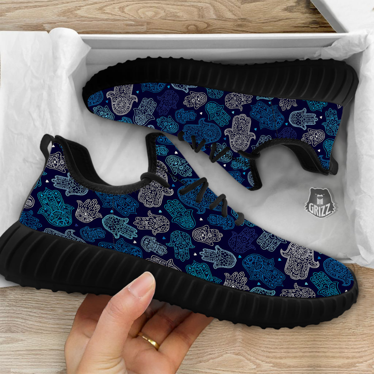 Hamsa Turquoise Print Pattern Black Walking Shoes-grizzshop