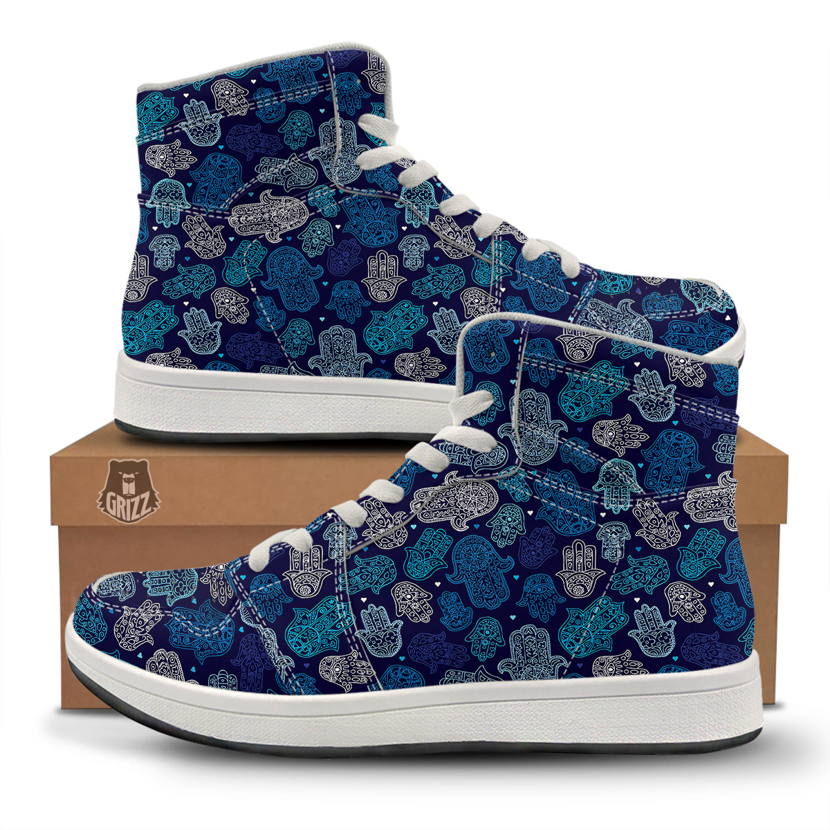Hamsa Turquoise Print Pattern High Top Sneakers-grizzshop