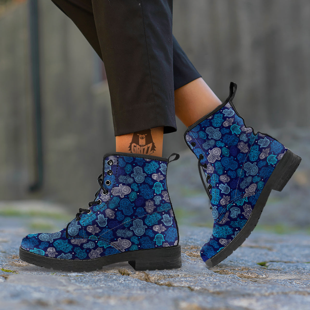 Hamsa Turquoise Print Pattern Leather Boots-grizzshop