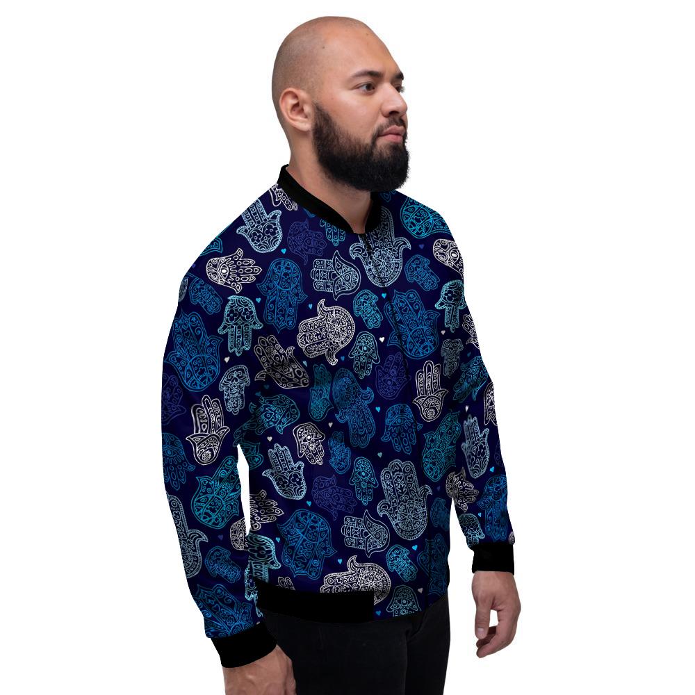 Hamsa Turquoise Print Pattern Men's Bomber Jacket-grizzshop