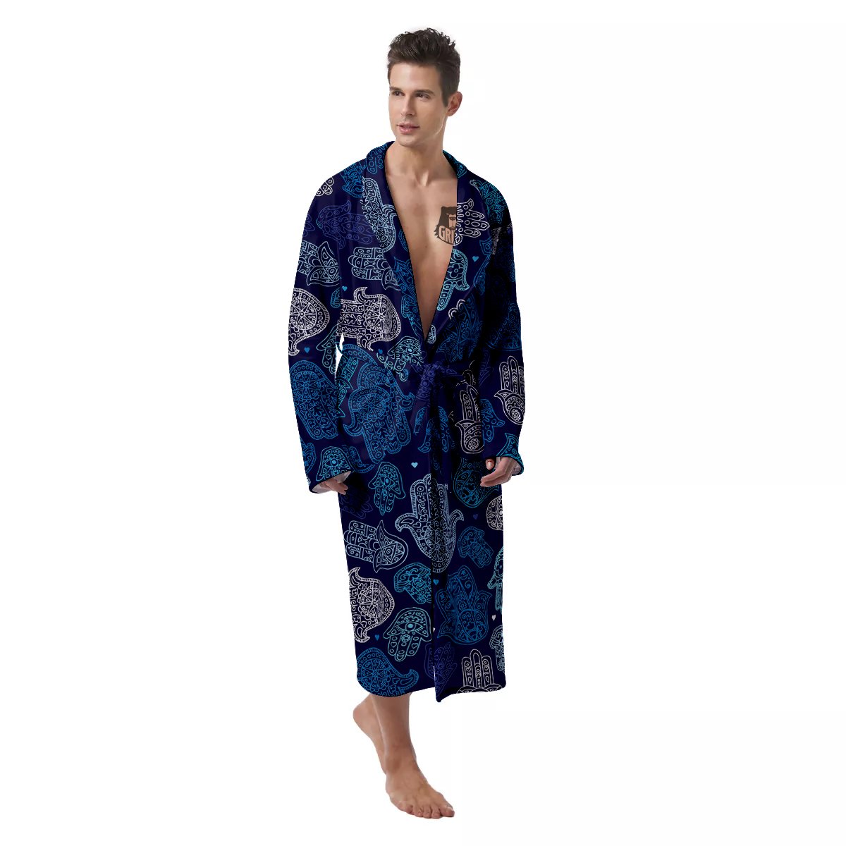 Hamsa Turquoise Print Pattern Men's Robe-grizzshop