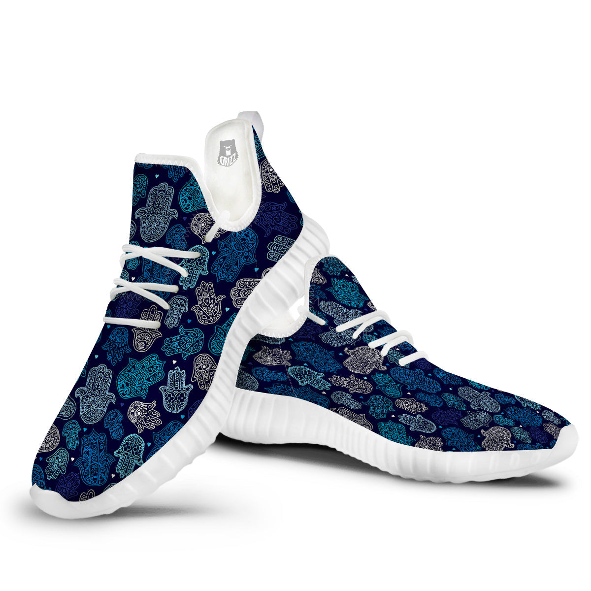 Hamsa Turquoise Print Pattern White Walking Shoes-grizzshop