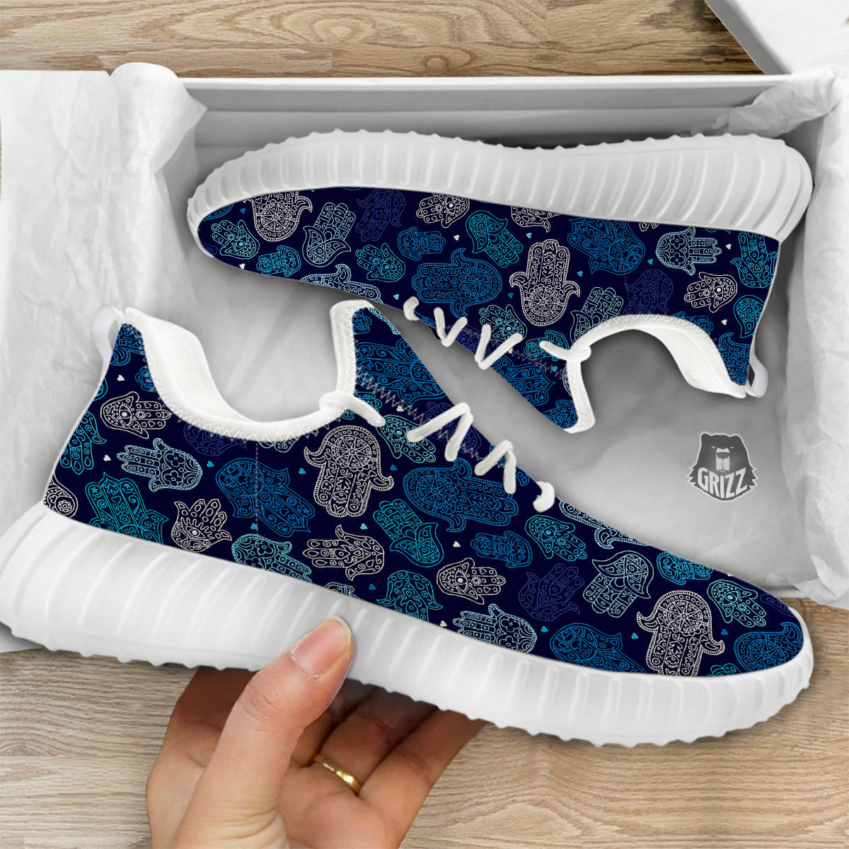 Hamsa Turquoise Print Pattern White Walking Shoes-grizzshop
