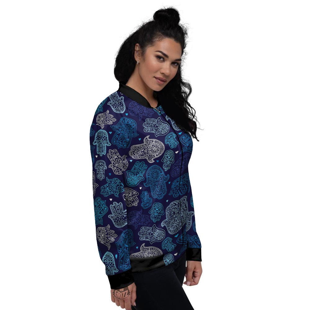 Hamsa Turquoise Print Pattern Women's Bomber Jacket-grizzshop