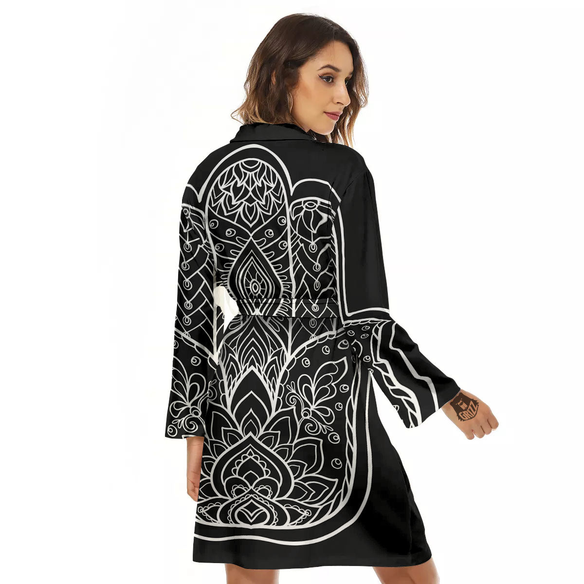 Hamsa White And Black Print Women's Robe-grizzshop