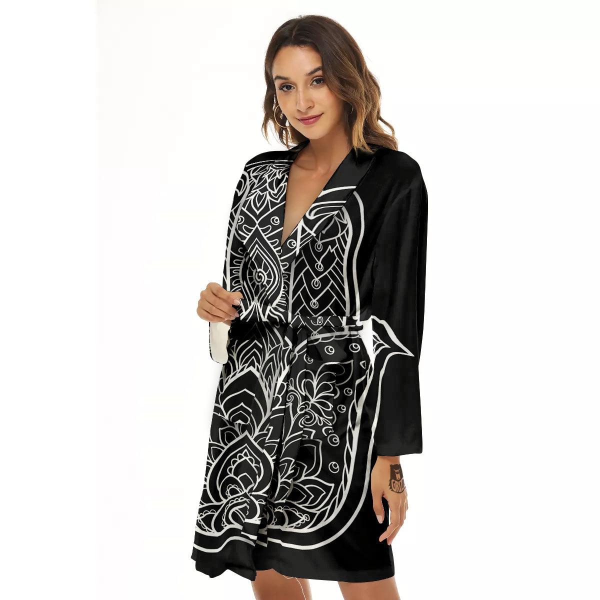 Hamsa White And Black Print Women's Robe-grizzshop