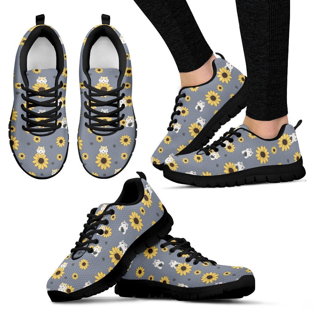 Hamster Sunflower Pattern Print Black Sneaker Shoes For Men Women-grizzshop