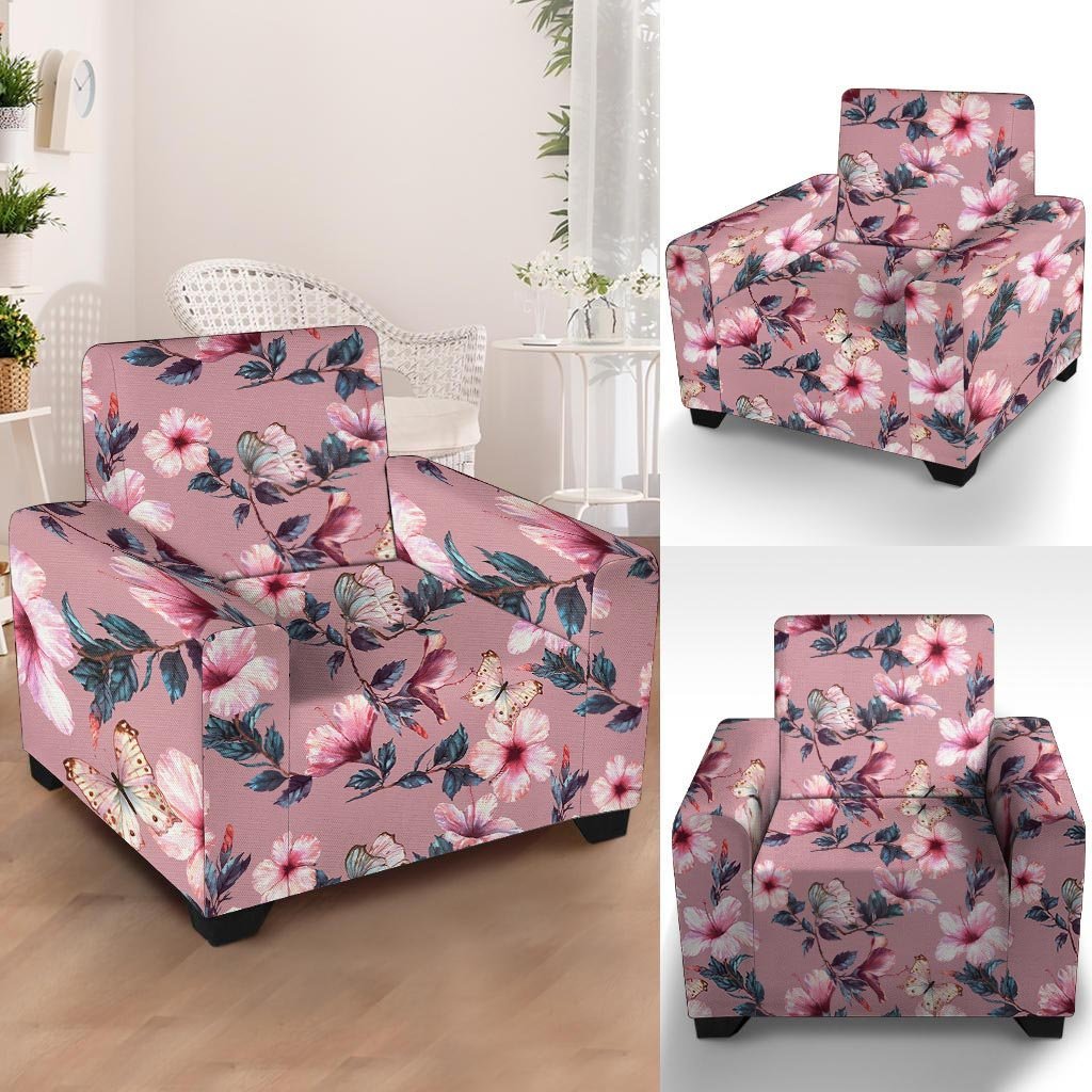 Hand Drawn Hibiscus Print Armchair Cover-grizzshop