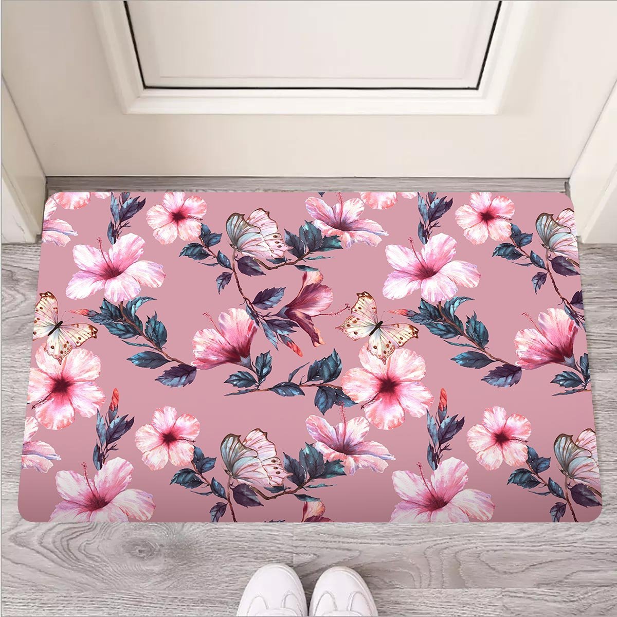 Hand Drawn Hibiscus Print Door Mat-grizzshop