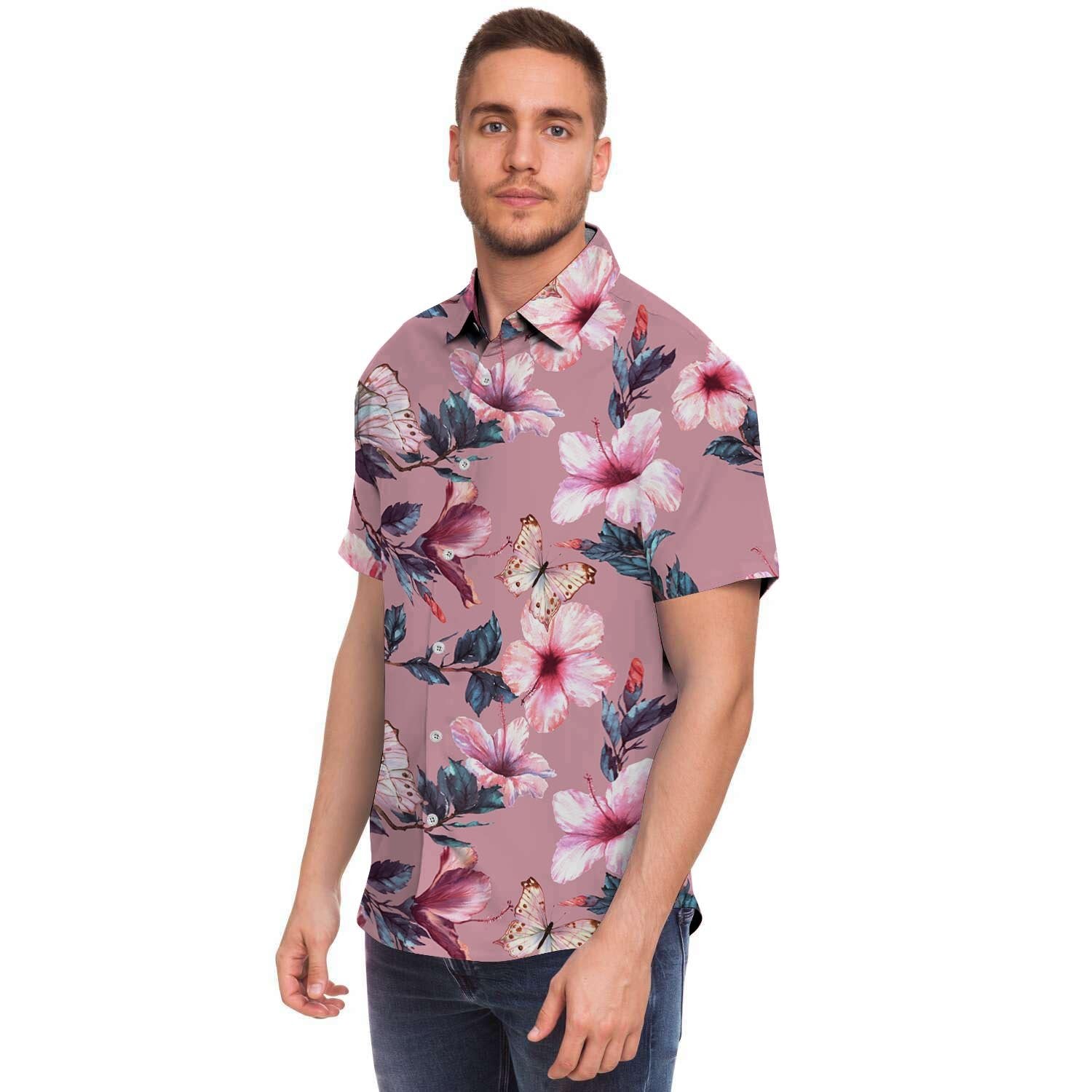 Hand Drawn Hibiscus Print Men's Short Sleeve Shirt-grizzshop