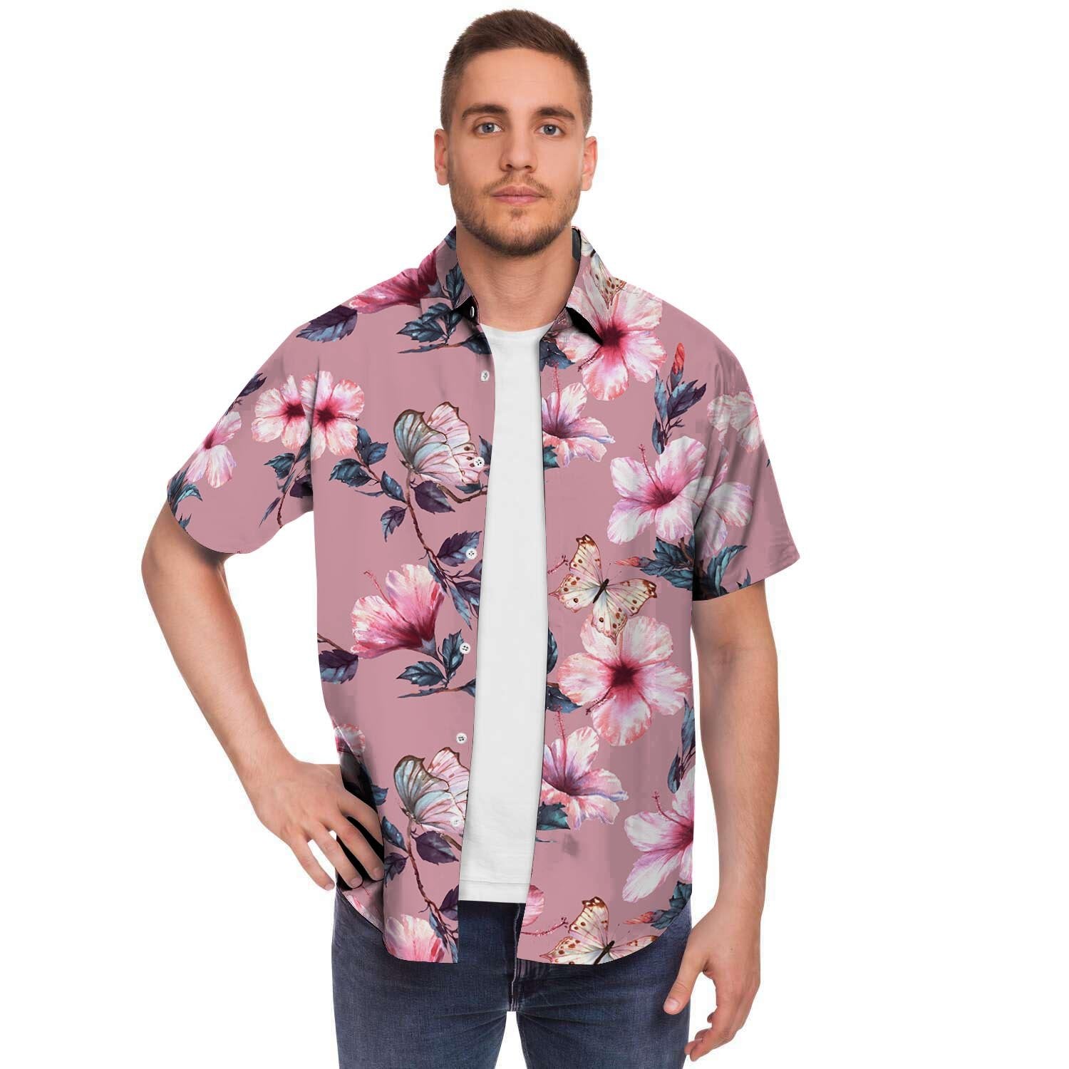Hand Drawn Hibiscus Print Men's Short Sleeve Shirt-grizzshop