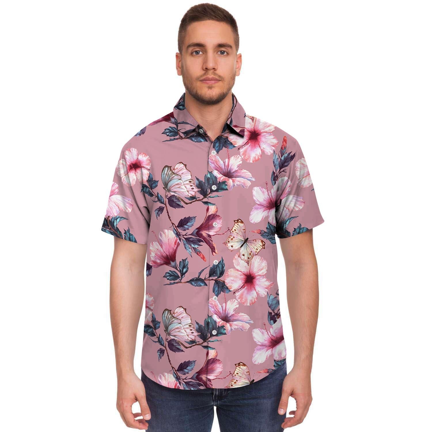 Hand Drawn Hibiscus Print Men's Short Sleeve Shirt-grizzshop