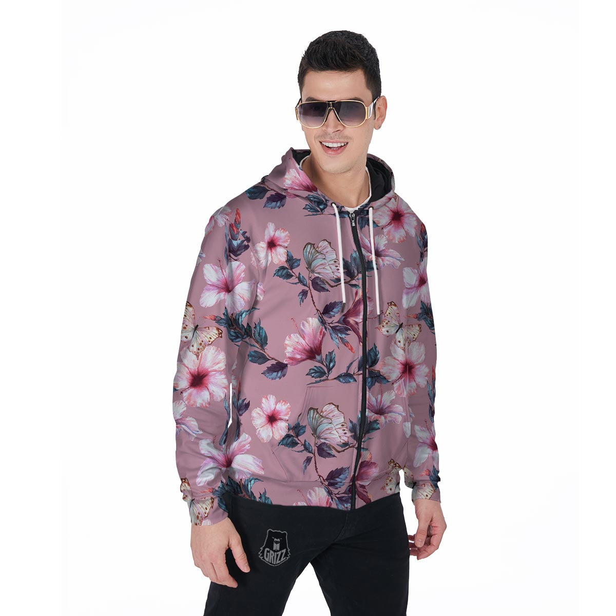Hand Drawn Hibiscus Print Men's Zip Up Hoodie-grizzshop
