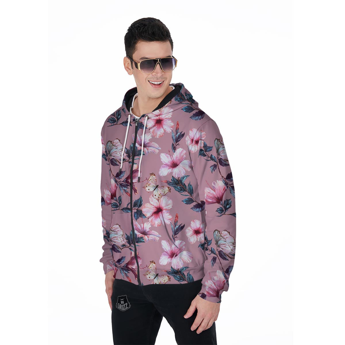 Hand Drawn Hibiscus Print Men's Zip Up Hoodie-grizzshop