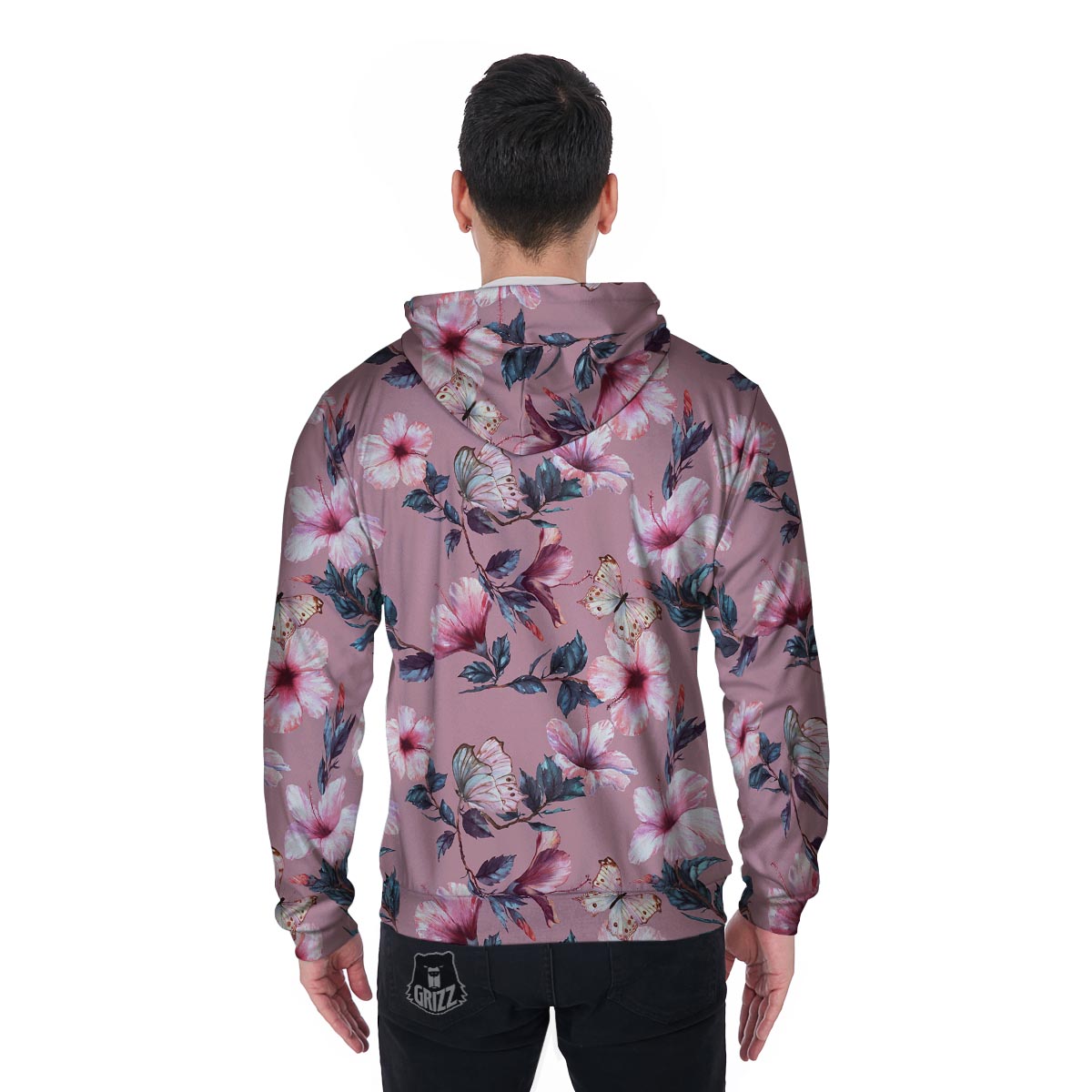 Hand Drawn Hibiscus Print Men's Zip Up Hoodie-grizzshop