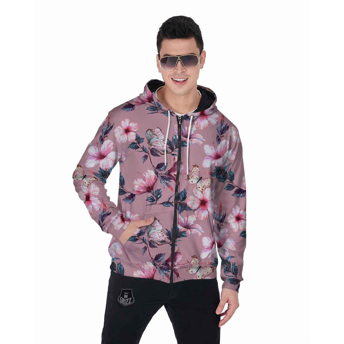 Hand Drawn Hibiscus Print Men's Zip Up Hoodie-grizzshop