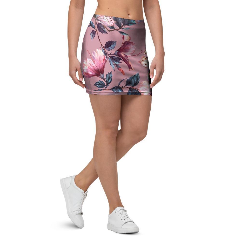 Hand Drawn Hibiscus Print Mini Skirt-grizzshop