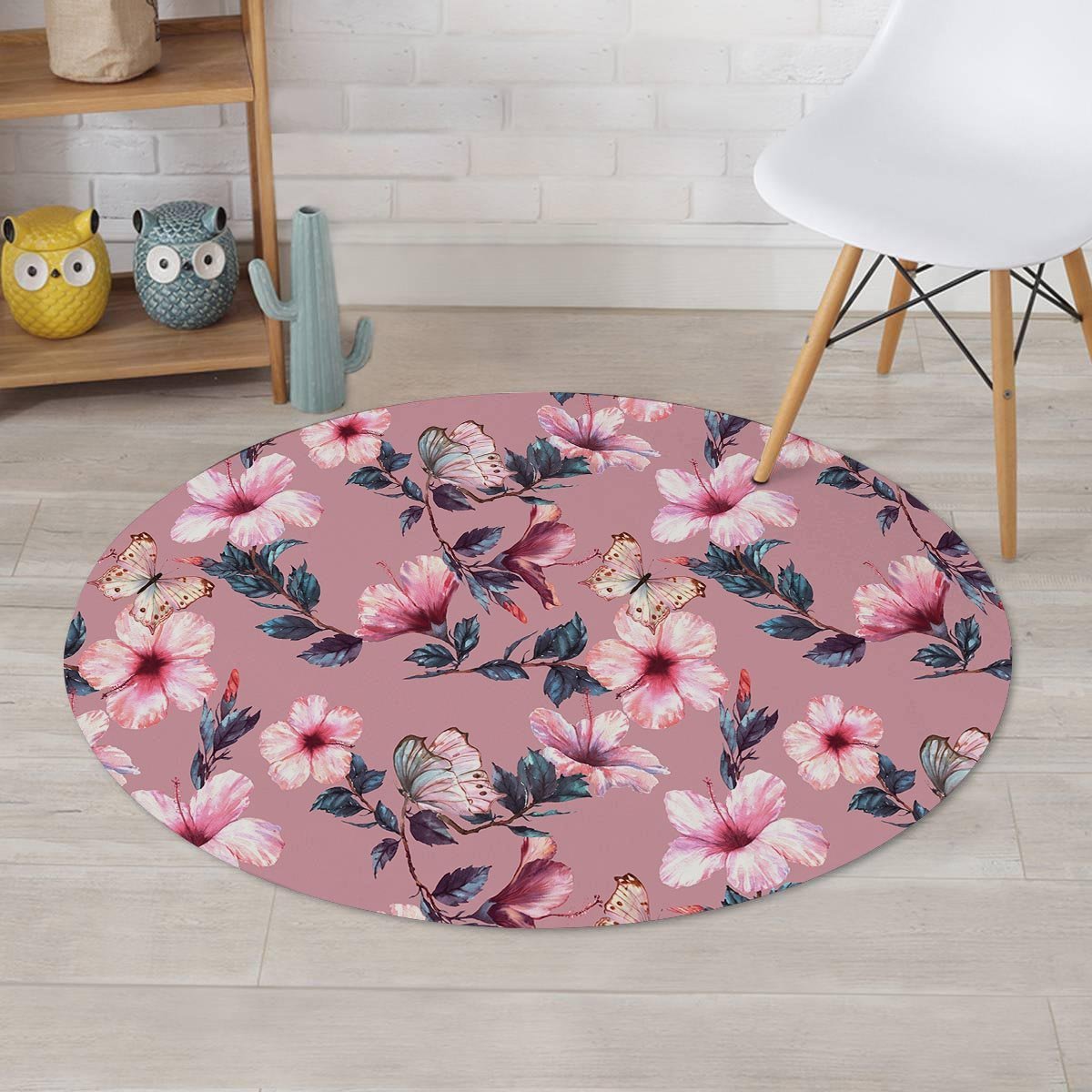 Hand Drawn Hibiscus Print Round Rug-grizzshop