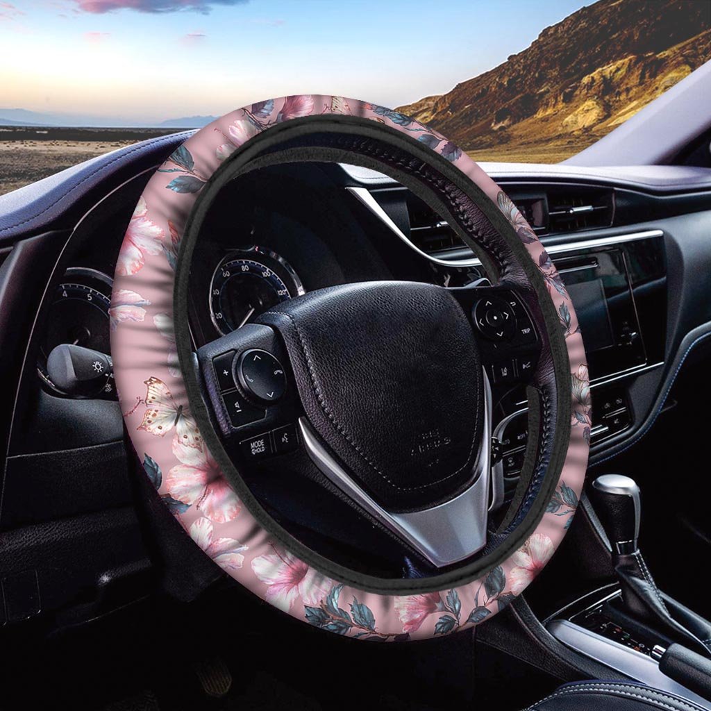 Hand Drawn Hibiscus Print Steering Wheel Cover-grizzshop