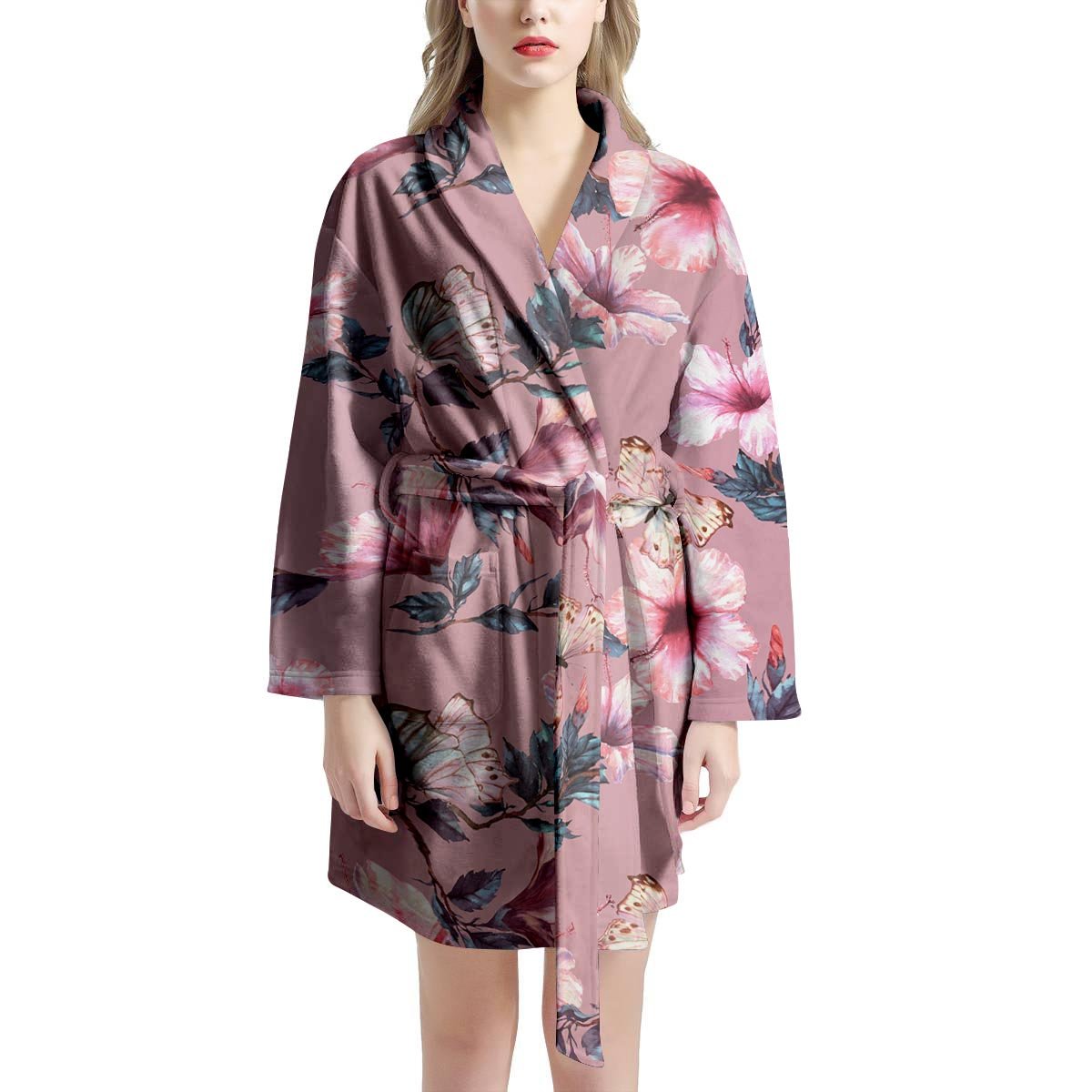 Hand Drawn Hibiscus Print Women's Robe-grizzshop