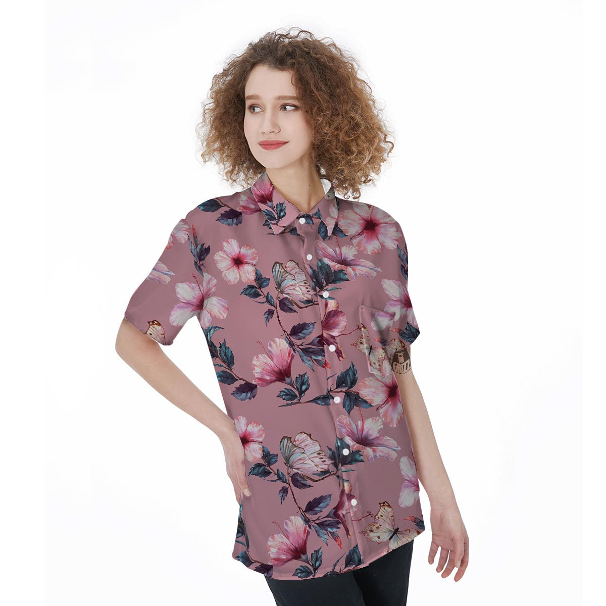 Hand Drawn Hibiscus Print Women's Short Sleeve Shirts-grizzshop