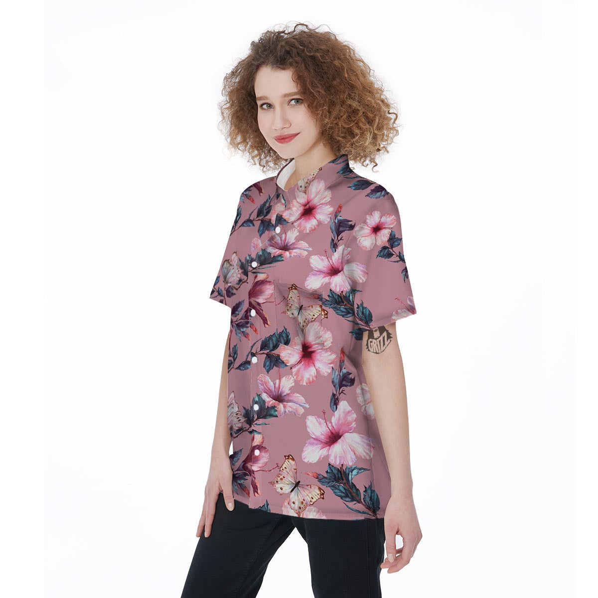 Hand Drawn Hibiscus Print Women's Short Sleeve Shirts-grizzshop