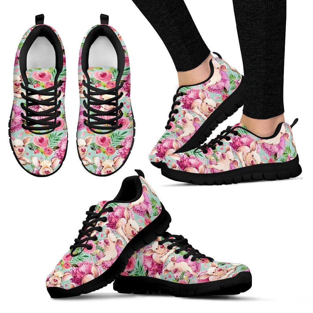 Hand Drawn Pig Pattern Print Black Sneaker Shoes For Men Women-grizzshop