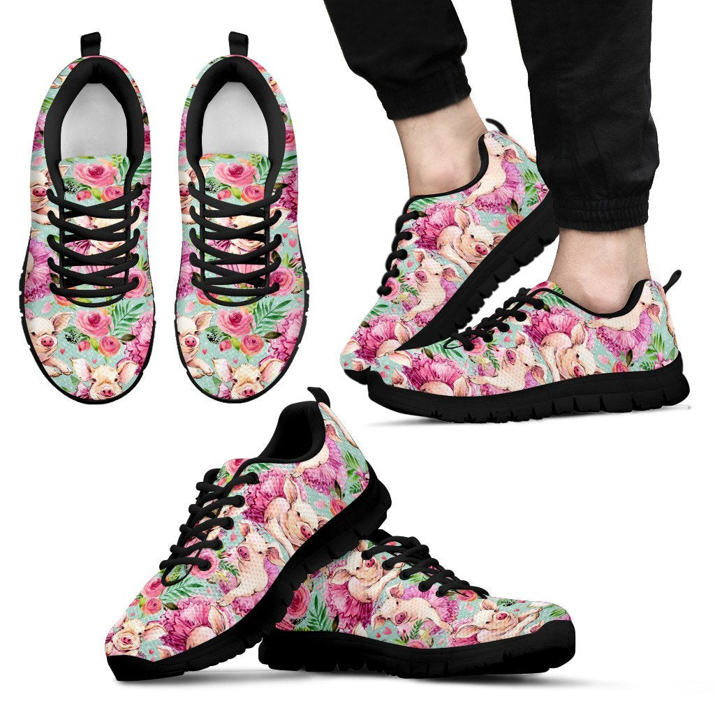 Hand Drawn Pig Pattern Print Black Sneaker Shoes For Men Women-grizzshop