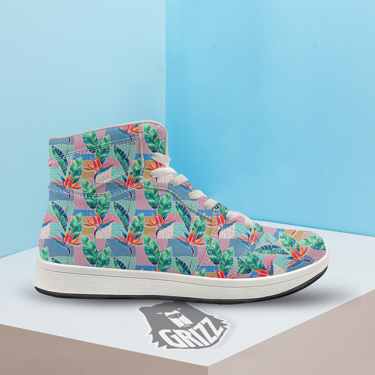 Hand Drawn Watercolor Tropical Print Pattern High Top Sneakers-grizzshop